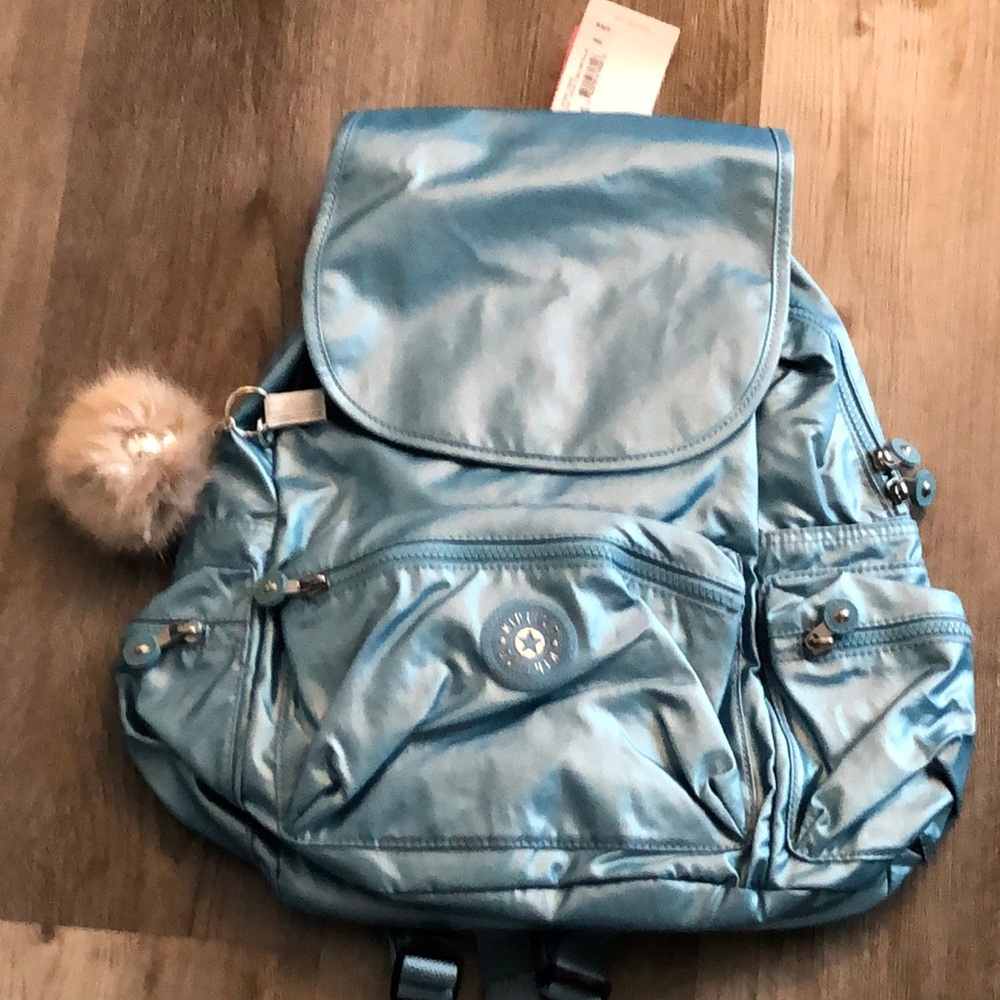 Kipling Ezra Nylon Backpack Aqua Tides Metallic + Pom Pom Monkey Keychain NWT